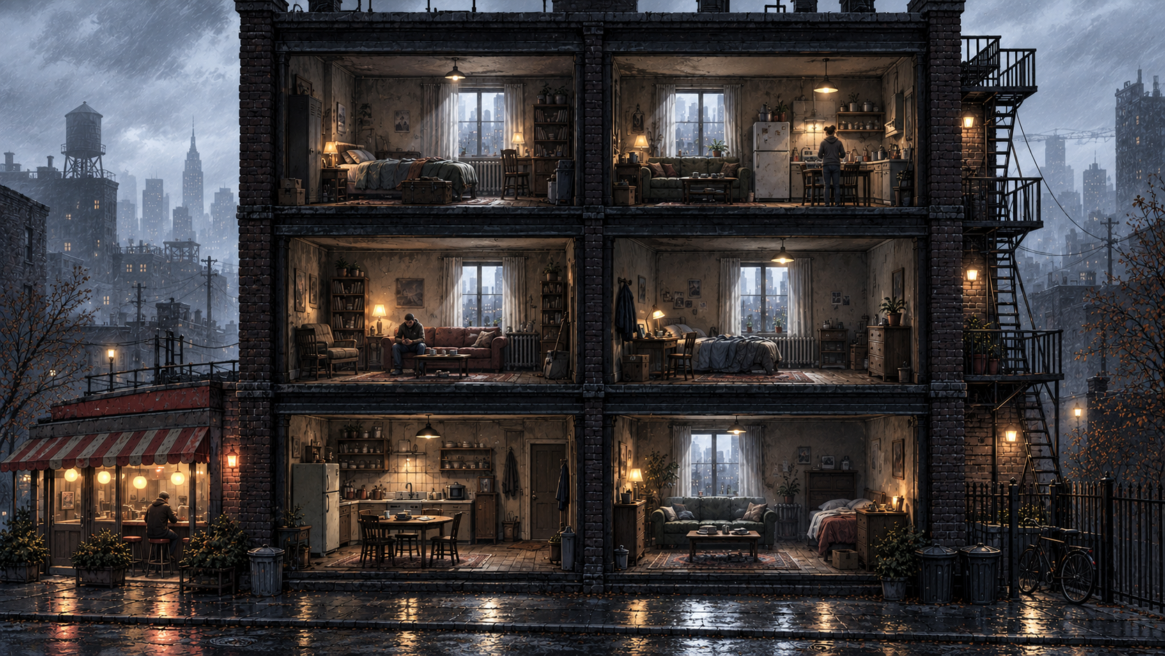An apartment cutaway in cold daylight, with lit rooms and a neighborhood diner